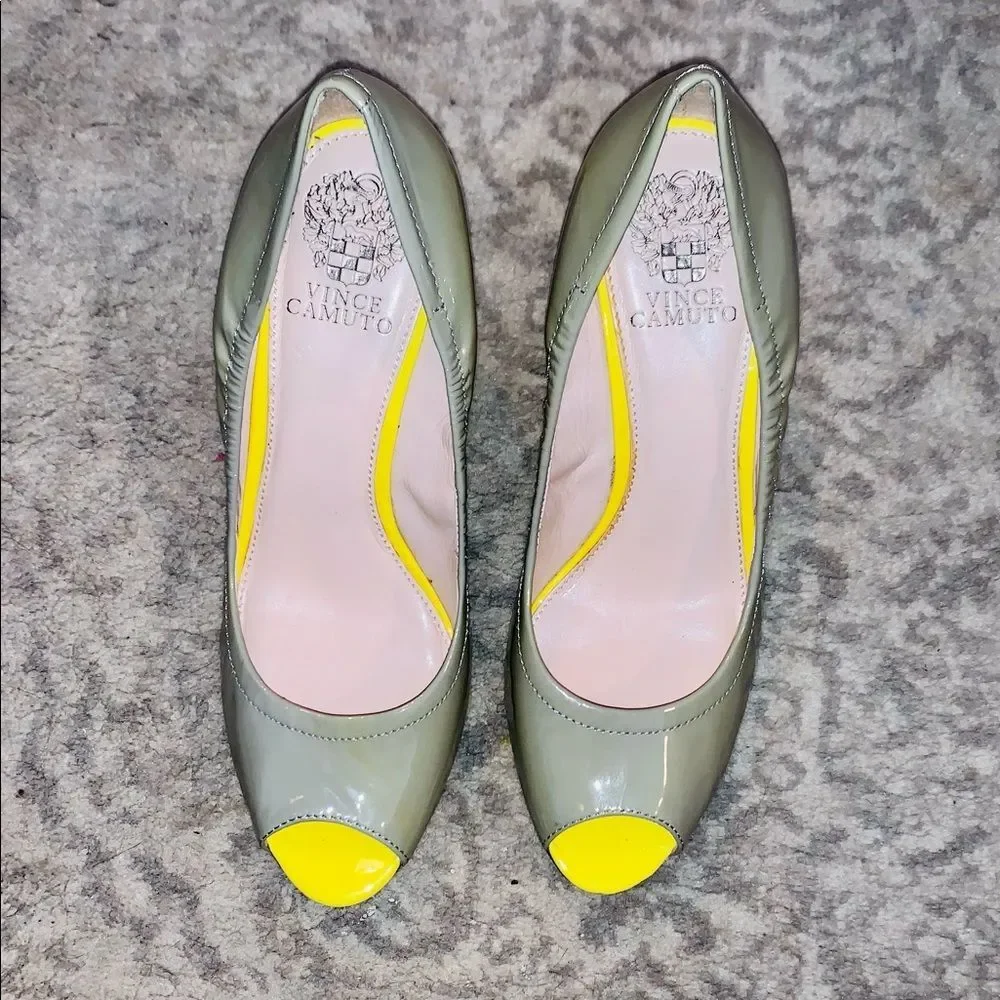 Vince Camuto Grey & Yellow Peek Toe Wedges